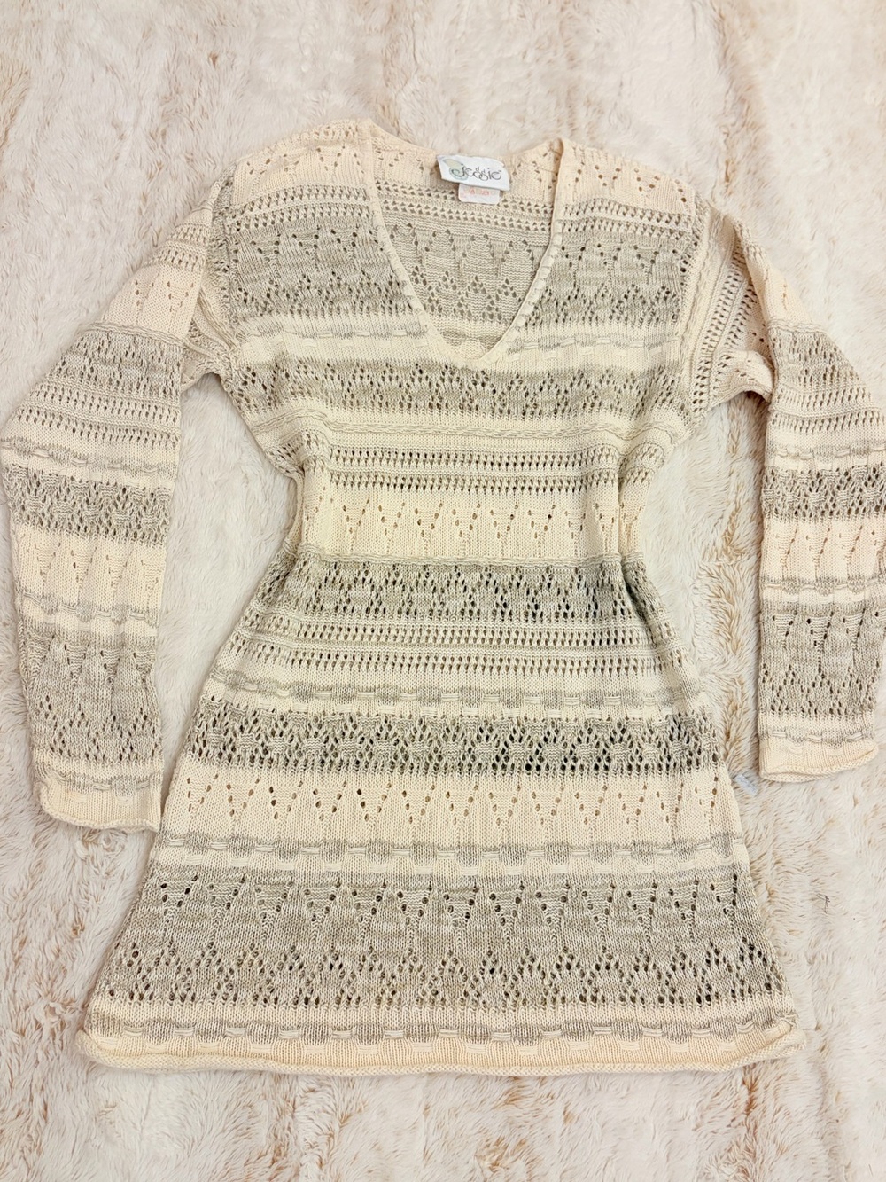 🤍 Vintage 80s 90s Crochet Knit Sweater Dress Fairycore Cottagecore Neutral Boho